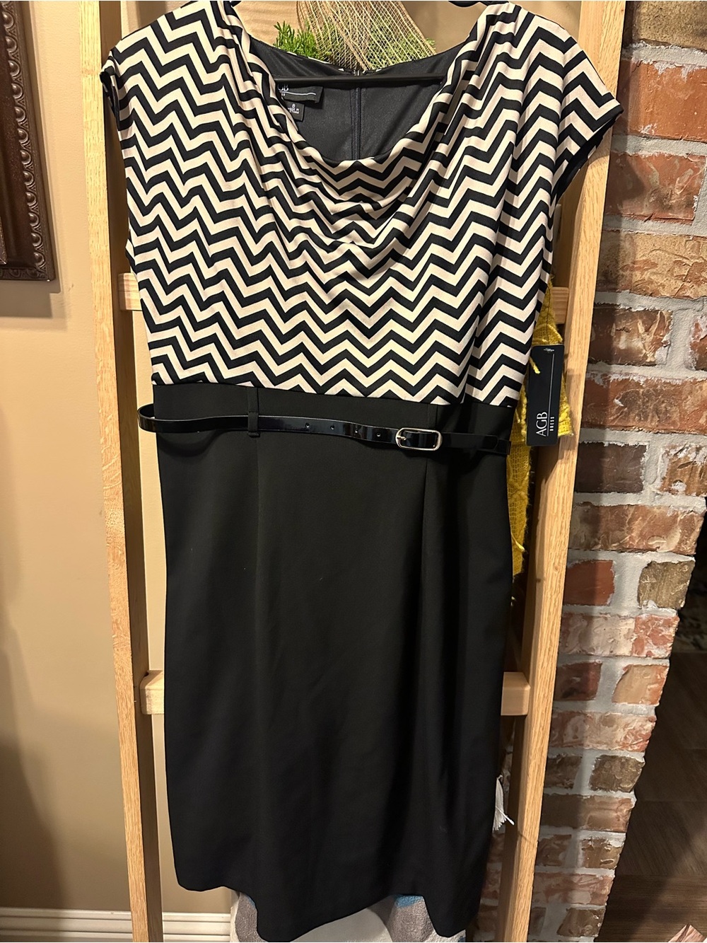 AGB Black and Cream Chevron Cowl-Neck Belted Midi Dress